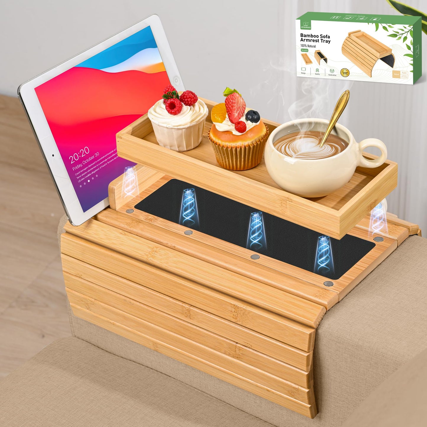 Joy&Grace Couch Arm Tray, 3-in-1 Magnetic Detachable Sofa Arm Table with Phone and Tablet Holder Bamboo Couch Cup Holder, Foldable Sofa Armrest Tray for Eating, Drinks, Phones (Natural)