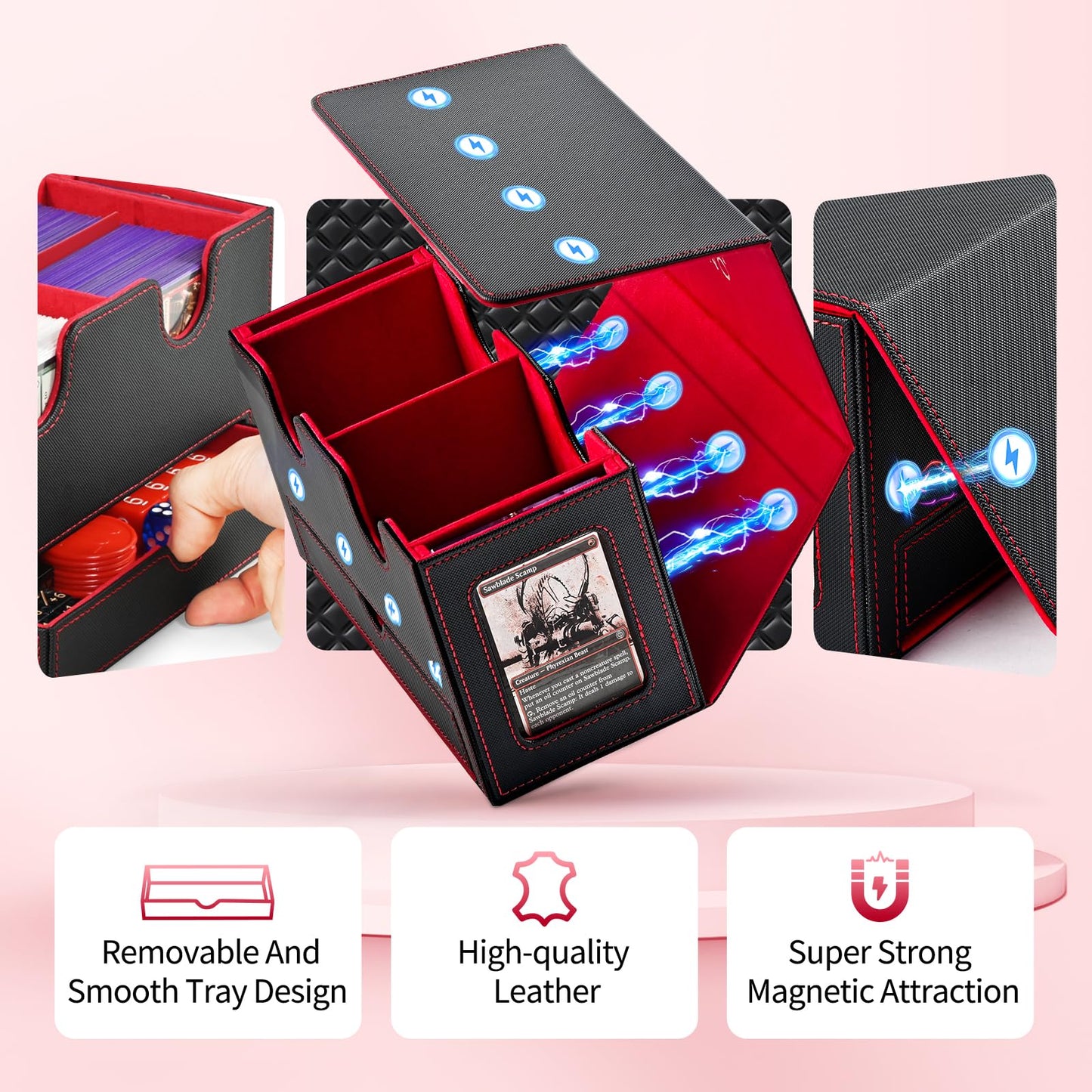 Card Deck Box for MTG, Double Card Storage Box with 2 Commander Display & Dice Tray, Fits 200+ Double Sleeved Cards, Card Organizer for CCG TCG Sports Cards (Black&Red)