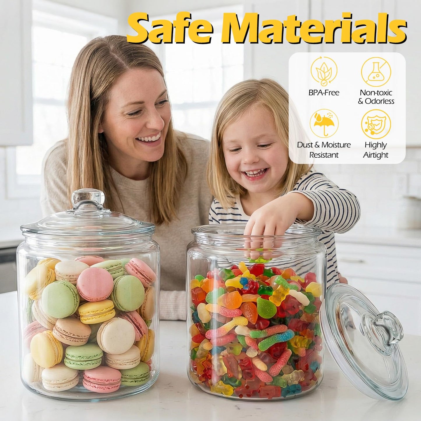 Almcmy 2 Glass Storage Jars Set,1 Gallon Cookie Jar for Food Storage,Airtight Glass Jar with Lids,Large Jars Food Storage Containers for Pantry, Flour, Sugar, Cookies
