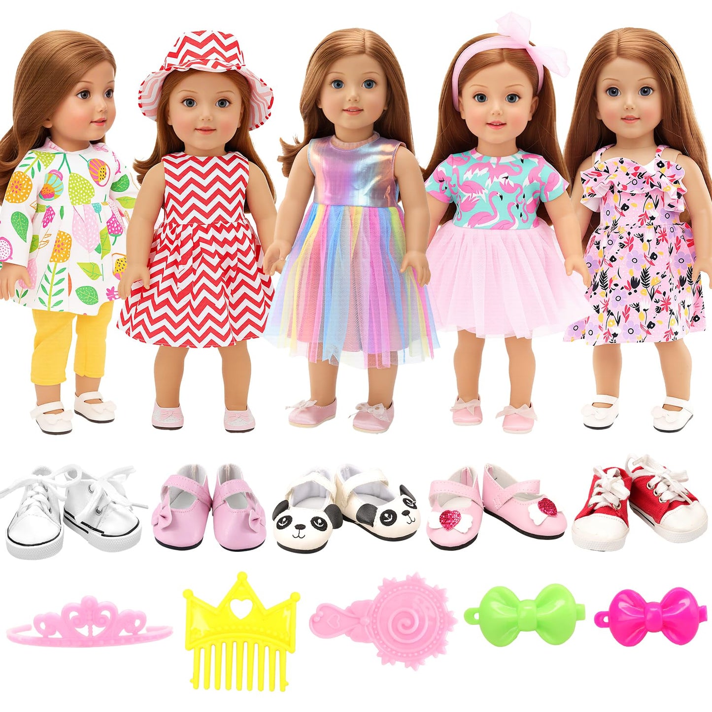 Barwa American 18 Inch Girl Doll Clothes Outfits Accessories - 5 Daily Costumes Clothes, 2 Random Style Shoes and 5 Accessories for 18 Inch Dolls Accessories