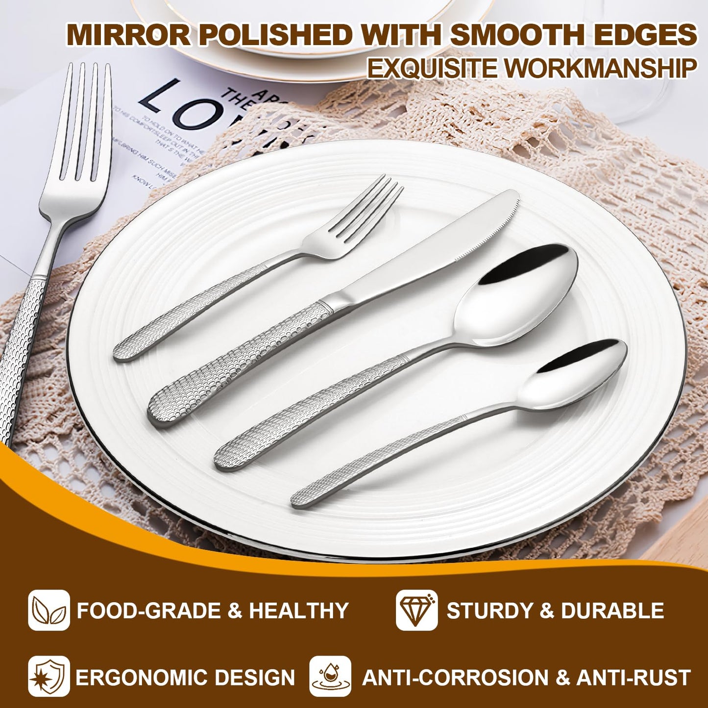 40-Piece Hammered Silverware Set, Stainless Steel Heavy Duty Flatware Set for 8, Food-Grade Tableware Cutlery Set, Utensil Sets for Home Restaurant, Mirror Finish, Dishwasher Safe