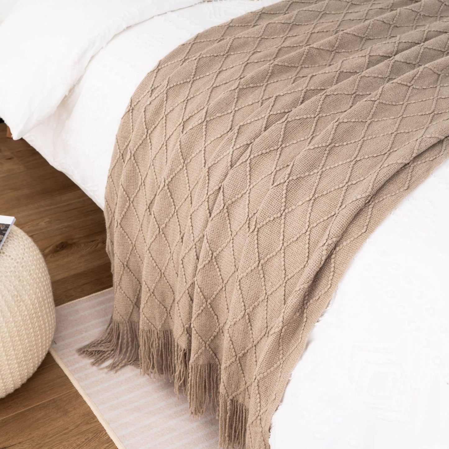 BATTILO HOME Beige Throw Blanket for Sofa Couch Office Living Room Home Decor Lightweight Textured Soft Cozy Knit Throw with Tassels Suitable All Seasons 50"x60"