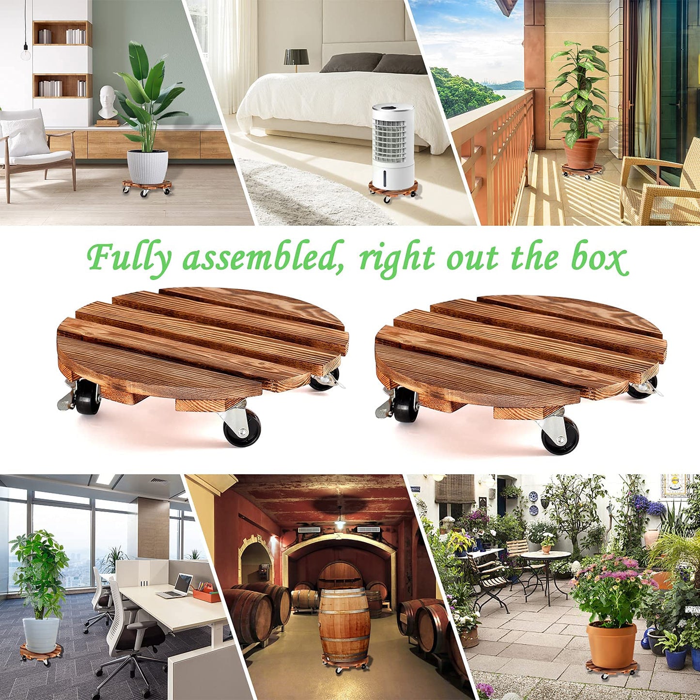 2 Pack Plant Caddy Wood 12 Inch Plant Stand with Wheels Round Roller Plants Stand Heavy Duty with 360° Lockable Casters for Outdoor Indoor Plant Pot/Flower Pot/Patio