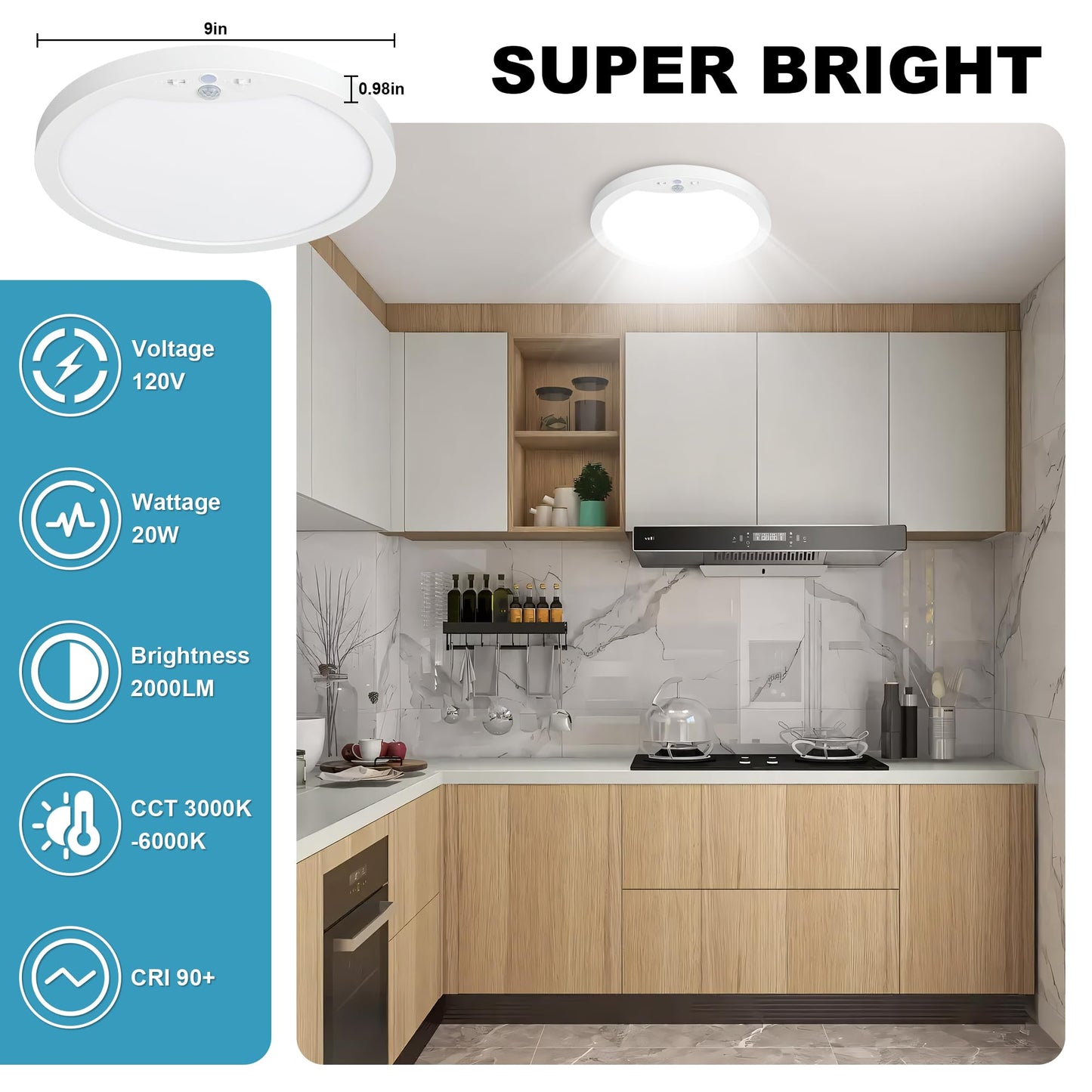 20W 9Inch Motion Sensor LED Ceiling Lights Indoor Hard-wired, Adjustable Color Temperature 3000K 4000K 6000K, Motion Activated Flush Mount Light Fixtures with 3 Light Modes for Closet Hallway, 2 Packs