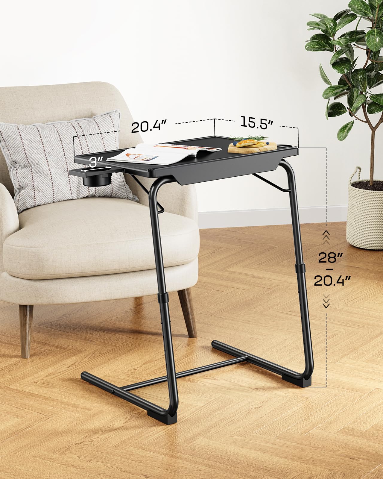 LORYERGO TV Table - TV Dinner Tray，Foldable Couch Table, Food Tray Tables with 6 Height & 3 Tilt Angle, Trays for Eating with Cup Holder, Folding Table for Bed & Sofa (Black)