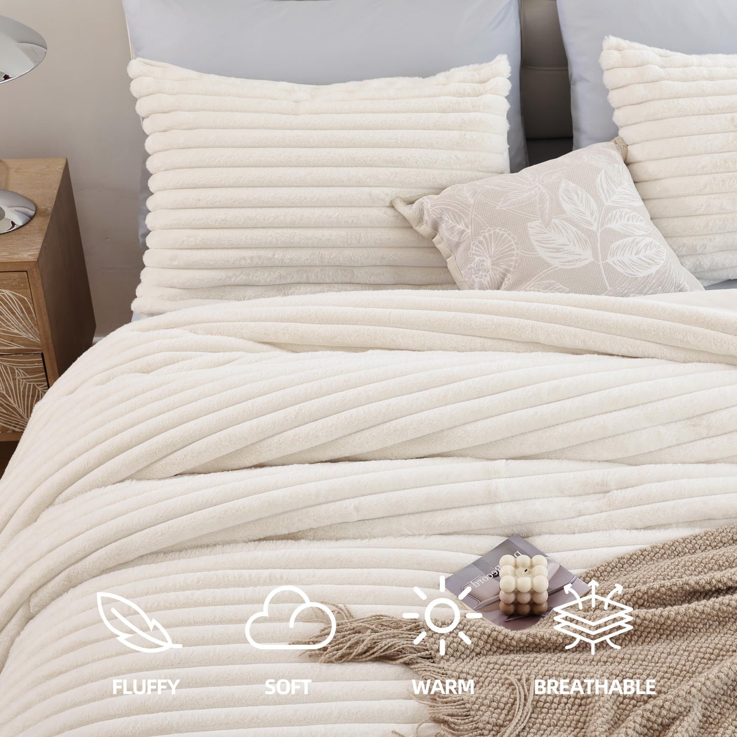 YIKUSH Fluffy Queen Comforter Set 3 Pieces - Cream White Fleece Fluffy Comforter Queen Set, Luxury Fuzzy Queen Bed Set, Soft & Warm Bed Comforter Queen with 2 Pillow Cases