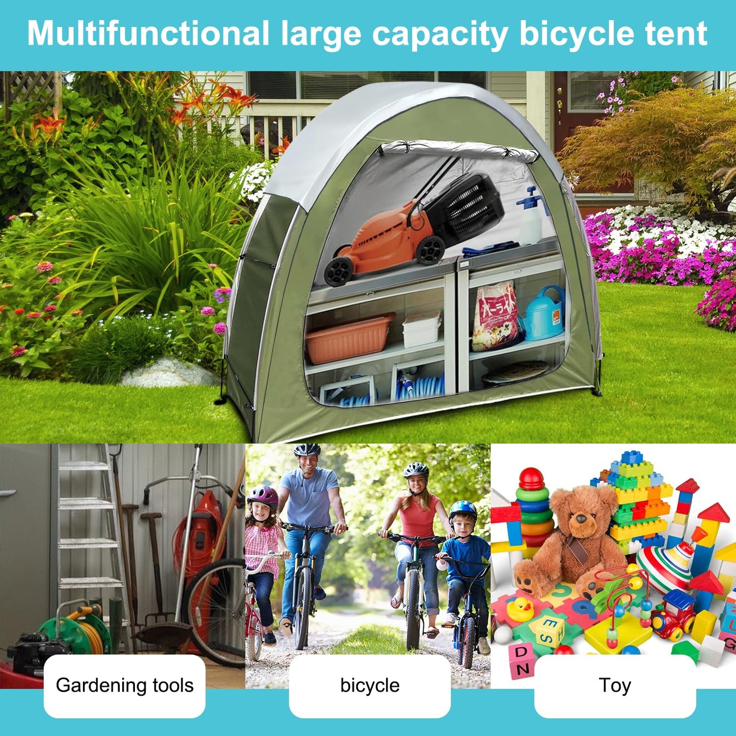 Bike Storage Tent Portable & Waterproof Bicycle Shed for 2 Bikes with Rain Cover, Heavy Duty Outdoor Bike Shelter Cover Backyard Storage