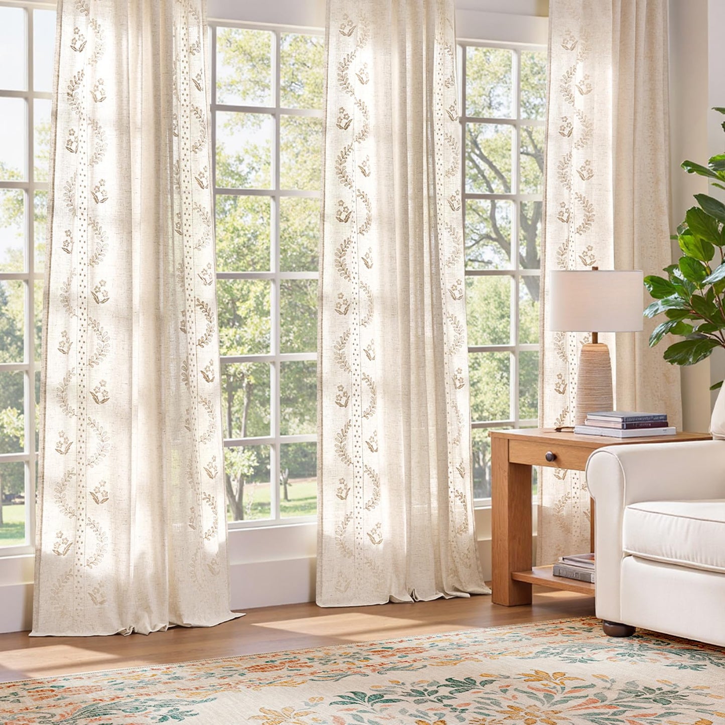 JINCHAN Linen Curtains for Bedroom Floral Curtains 84 Inch Length Linen Blend Ivory Embroidered Drapes Farmhouse Flower Patterned Drapes for Living Room Window Treatments Set 2 Panels
