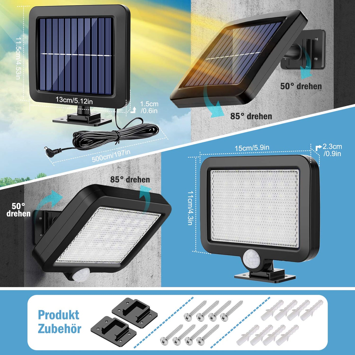 MPJ Solar Light Outdoor,56 LED Solar Light Outside with Motion Detector, IP65 Waterproof, 120° Lighting Angle, Solar Wall Light for Garden with 16.5ft Cable, 2 Pack