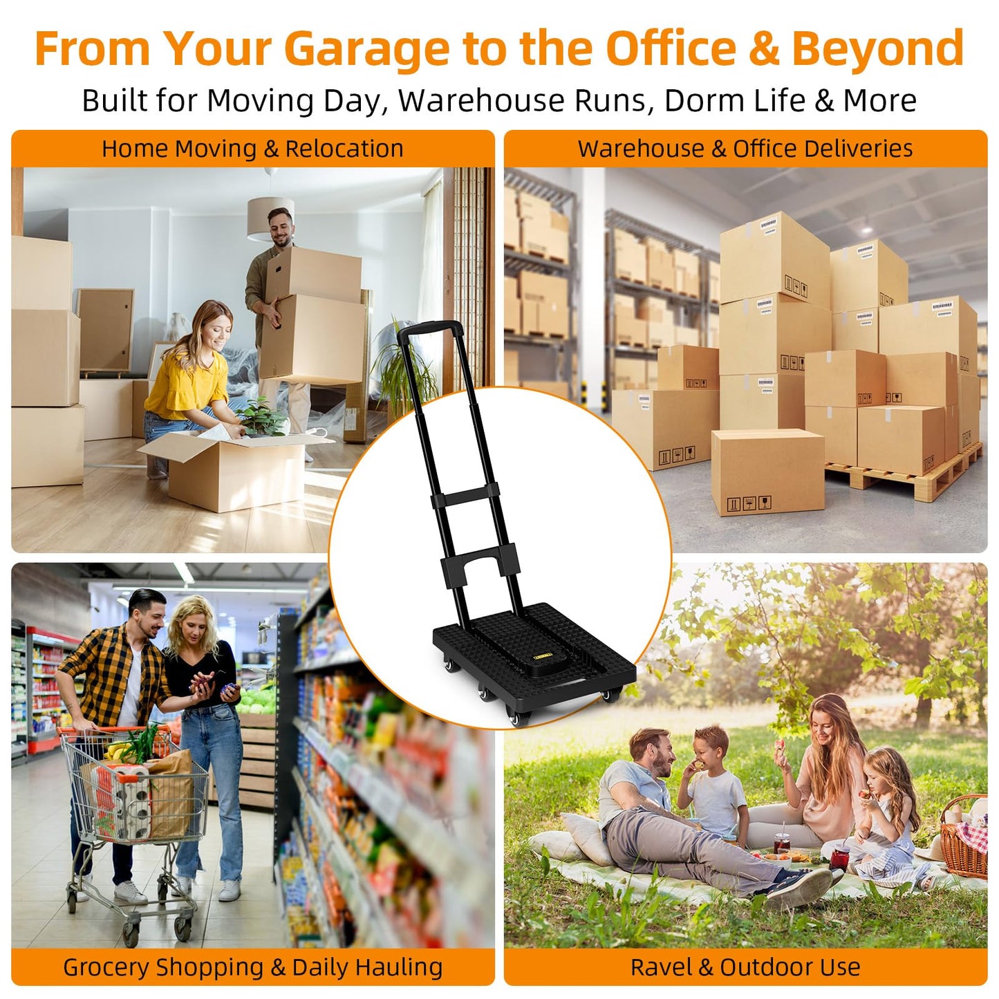 Folding Hand Trucks, Heavy Duty Dolly Cart with 6 Wheels & 2 Elastic Ropes, Foldable & Ideal for Luggage, Travel, Moving, Shopping, Office Use, Hold Up to 500 LB, Easy to Store, Black