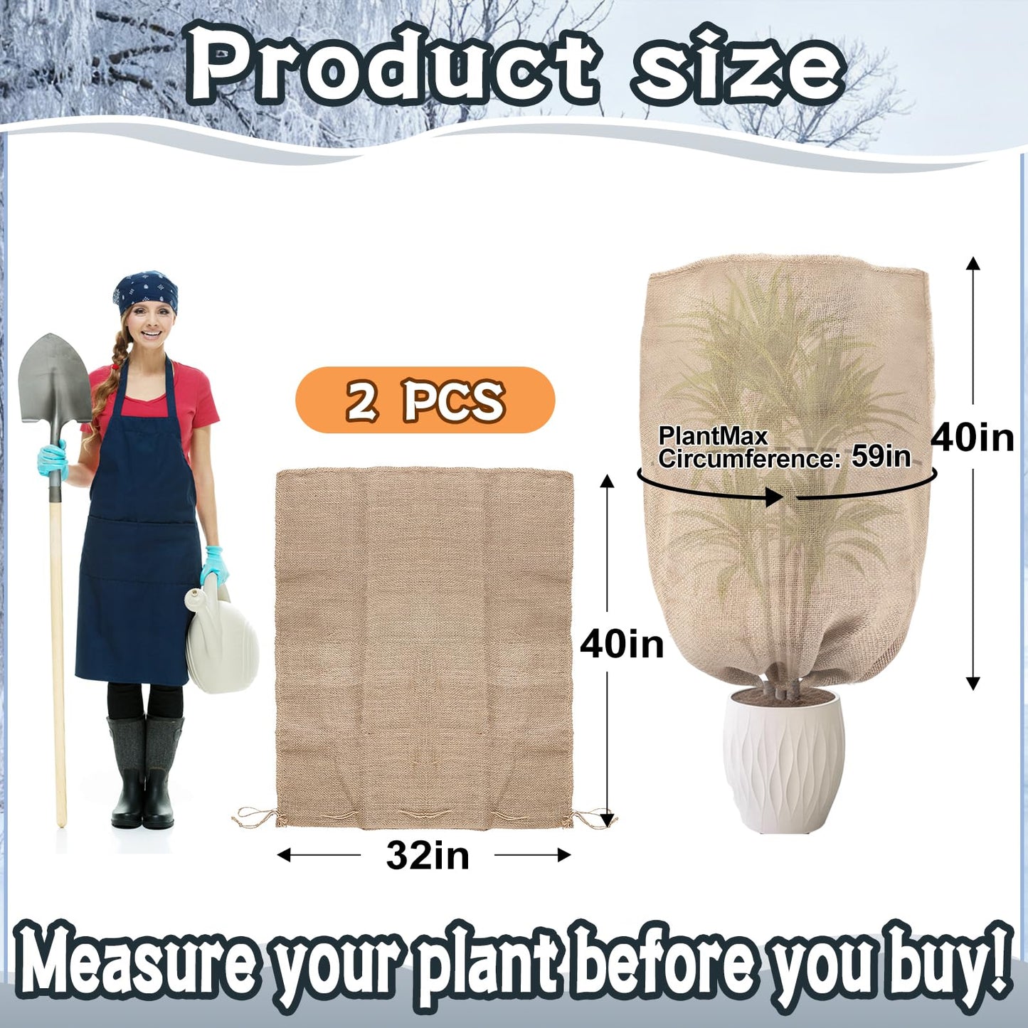 ANPHSIN Burlap Plant Covers Freeze Protection for Patio Winterizing - 2pcs 24"×40" Winter Frost Protector with Drawstring, Reusable Tree Freeze Blanket for Garden Bushes