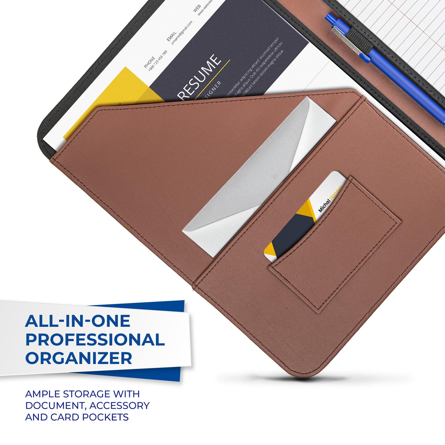 Samsill Contrast Stitch Leather Portfolio, 8.5 inch x 11 inch Writing Pad, Brown/Tan