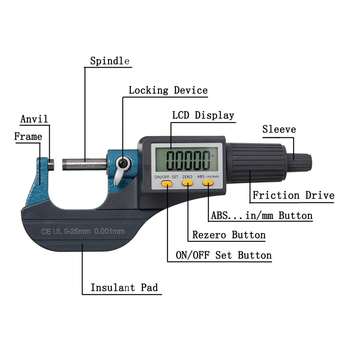 Beslands Digital Electronic Display Micrometer 0-1" / 0-25mm Gauge 0.00005" / 0.001mm Thickness Measuring Tools Inch/Metric