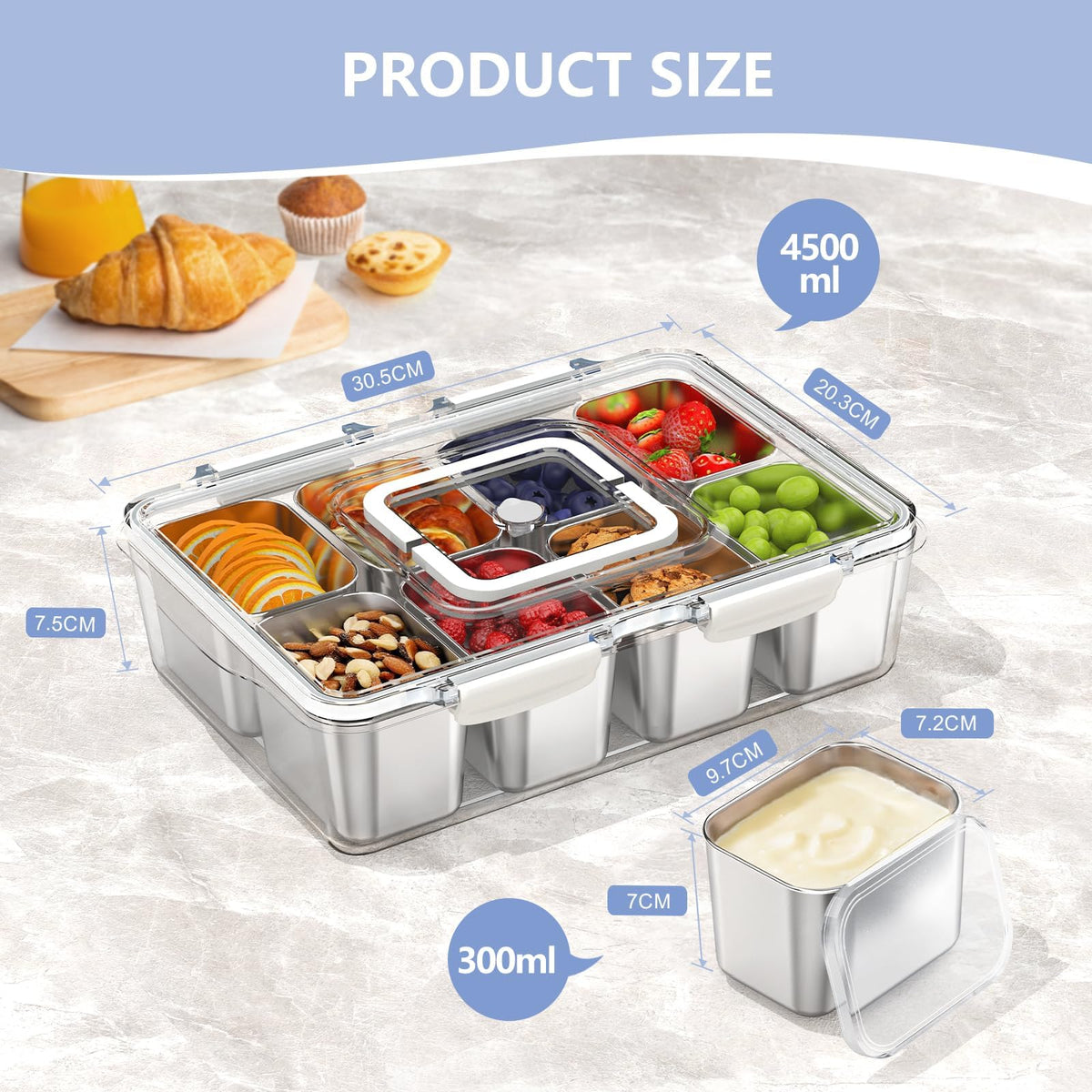 1pcs Snackle Box Container, Stainless Steel Divided Serving Tray with Lid and Handle, 8 Compartment Portable Snack Platters - Leak-Proof for Fruit Candy Nuts Veggie - Perfect for Travel Party