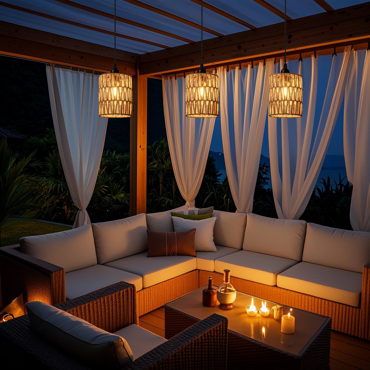 ALL FORTUNE Battery Operated Chandelier, Battery Hanging Pendant Light, Rattan Lights with Warm White Bulb, 4*AA Battery Powered, for Gazebo Pergola Porch Patio Outdoor Indoor Decor (3)