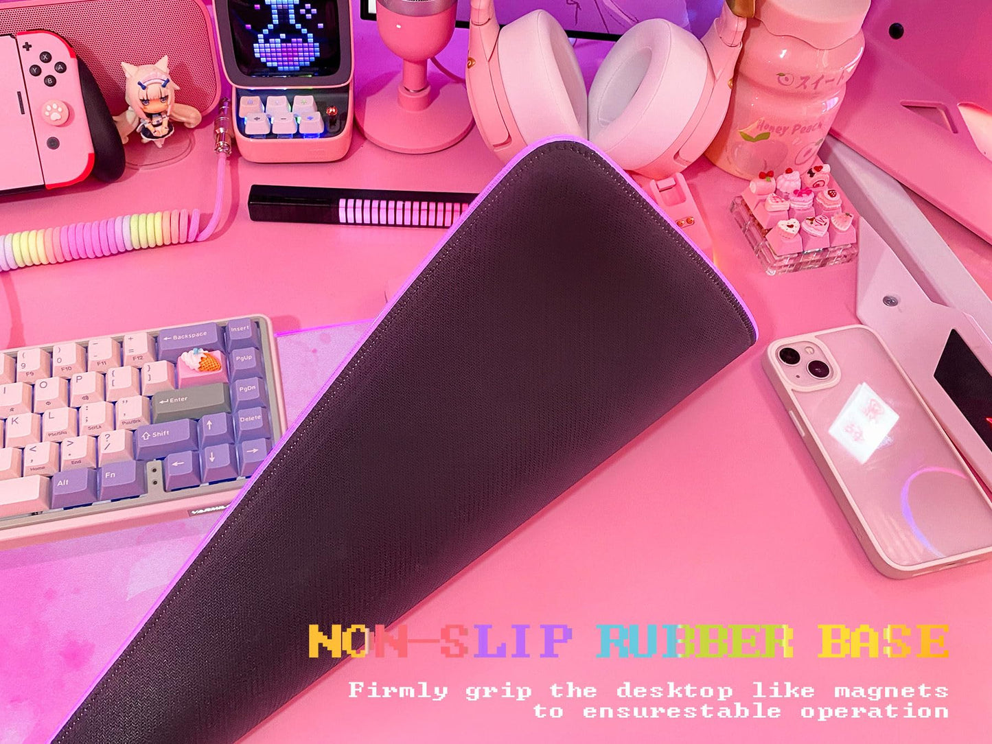 JMIYAV Pink RGB Gaming Mouse Pad 31.5x12 Inch PC XL Large Extended Mouse Pad Glowing LED Light Up Desk Pad Non-Slip Rubber Base Computer Cute Mousepad Mat Cherry Blossom