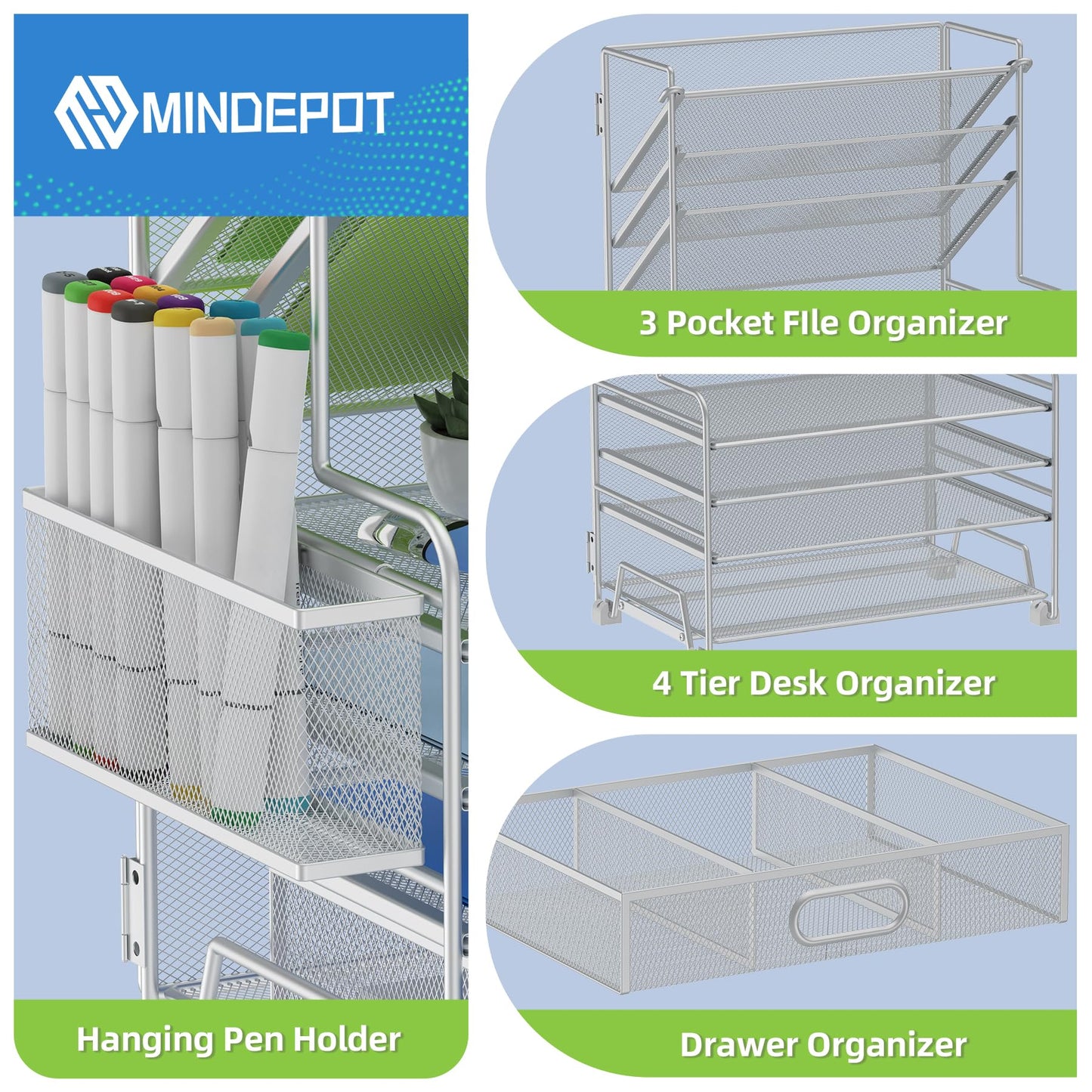 MINDEPOT 4-Tier Paper Organizer + 3-Pocket File Holder + Drawer + Pen Holders, Desktop File Organizers Paper Tray for Office Supplies School Classroom Organization (Silver, with Drawer & Pen Holder)