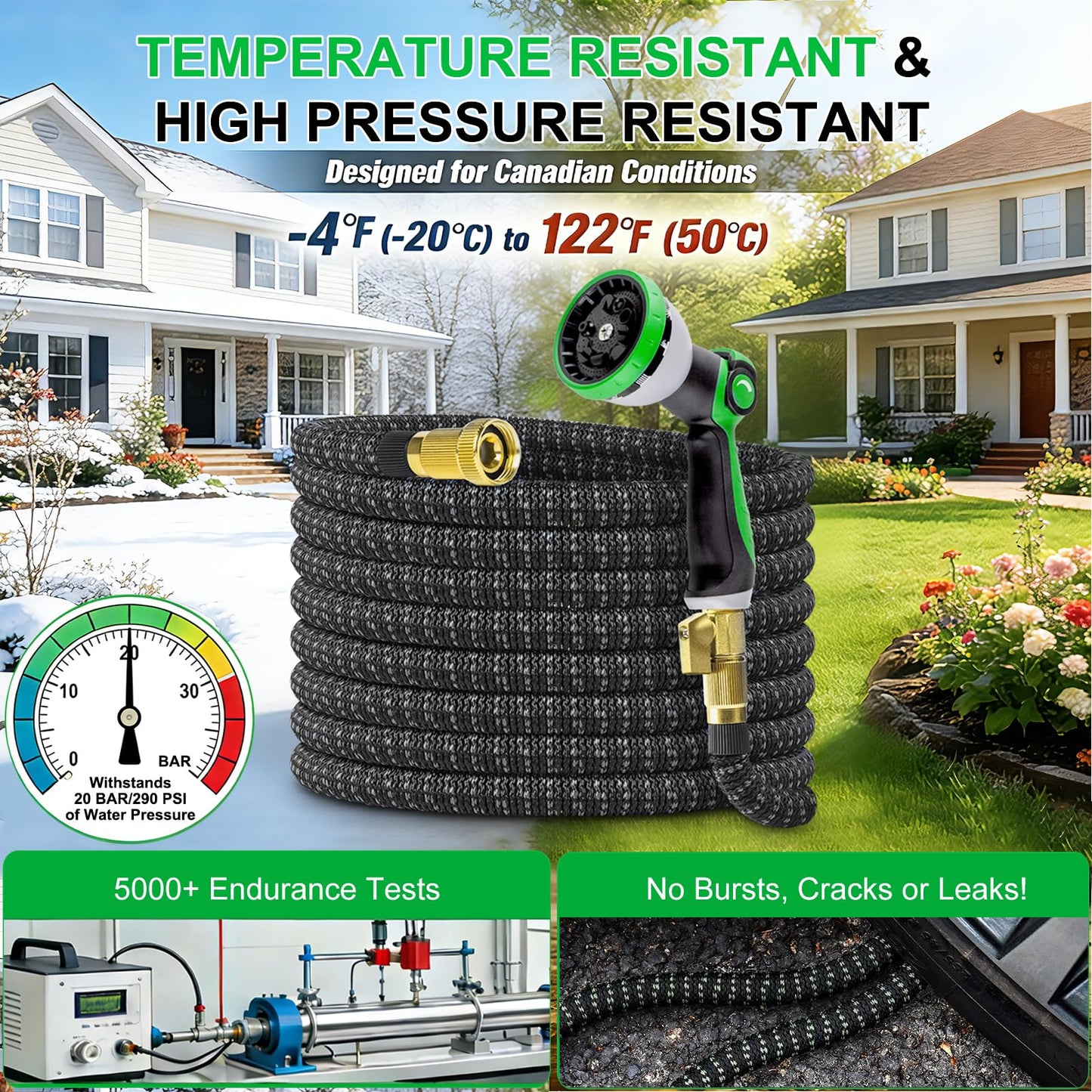 150FT Expandable Garden Hose with 10-Function Nozzle, 4-Layer Latex & 3750D Fabric, Extra Long Flexible No-Kink Water Hose with Solid Brass 3/4” Fittings for Large Yard Lawn Garden & Vehicle Cleaning