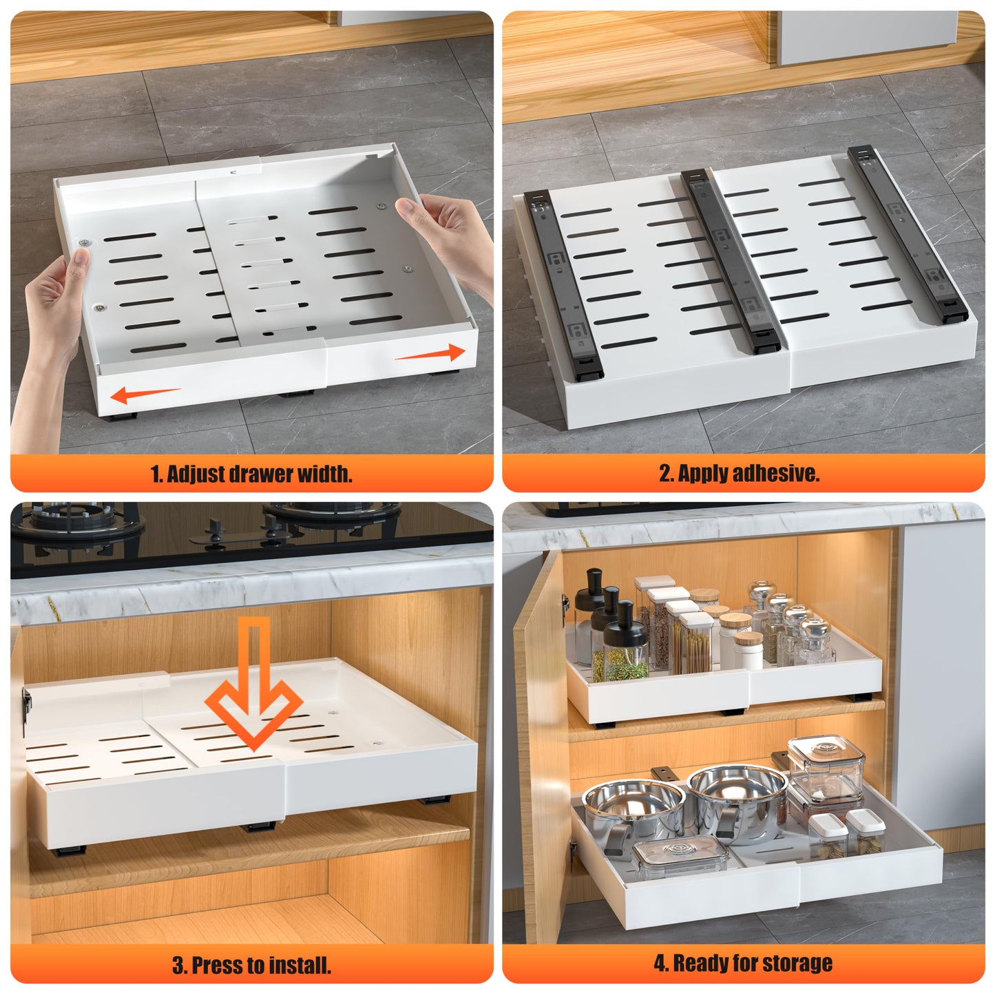 DEKAVA Pull Out Cabinet Organizer Expandable 1 pack, Adhesive with Nano Film, Pull Out Drawers for Cabinets in Kitchen, Pantry or Bathroom (White, 21" DEEPX[12"-20''] Width-1PACK)