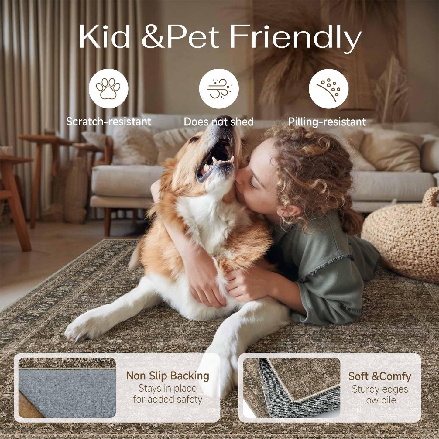 PureCozy Brown Area Rug 5x7 Living Room Machine Washable Vintage Carpet Non Slip Indoor Retro Traditional Accent Throw Large Rug for Office Kitchen Bedroom Dining Room