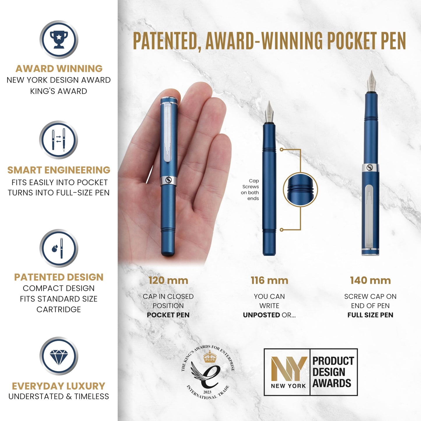 Scriveiner Luxury EDC Fountain Pen (Medium), Stunning Matt Blue Pocket Pen, Chrome Finish, Schmidt German Nib, Converter, Best Writing Pen Gift Set for Men & Women, Nice Fancy Office Designer Pen