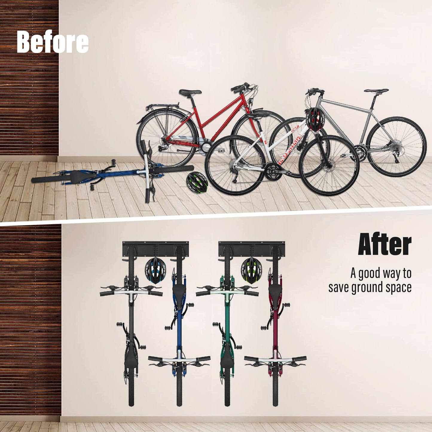 Sinoer 4-Bike & 2-Helmet Wall Mount Rack - 32 Inch Adjustable Bike Storage, Heavy Duty Steel Hooks, Space-Saving Bike Organizer for Home & Garage