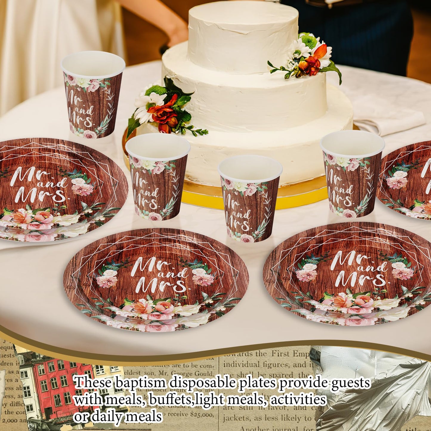 250 Pcs Bridal Shower Plates and Napkins Sets, 9'' Dinner Plate, 7'' Dessert Plate, 9 Oz Cup, Wedding Paper Plates for 50 Guests, Wedding Supplies Engagement Party Decorations - Retro Wood Grain