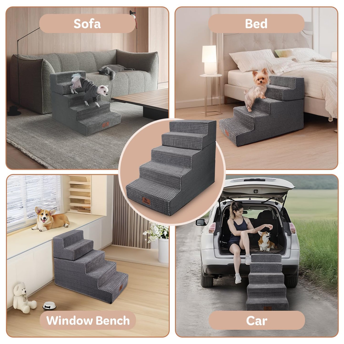 Pet Stairs Ramp for High Beds and Couch for Dogs to Get on Bed - 4 Steps Foldable Stairs for Small Dogs and Old Cats - Foam&Non-Slip&Washable by Sytopia, Grey, 2/3/4/5 Steps
