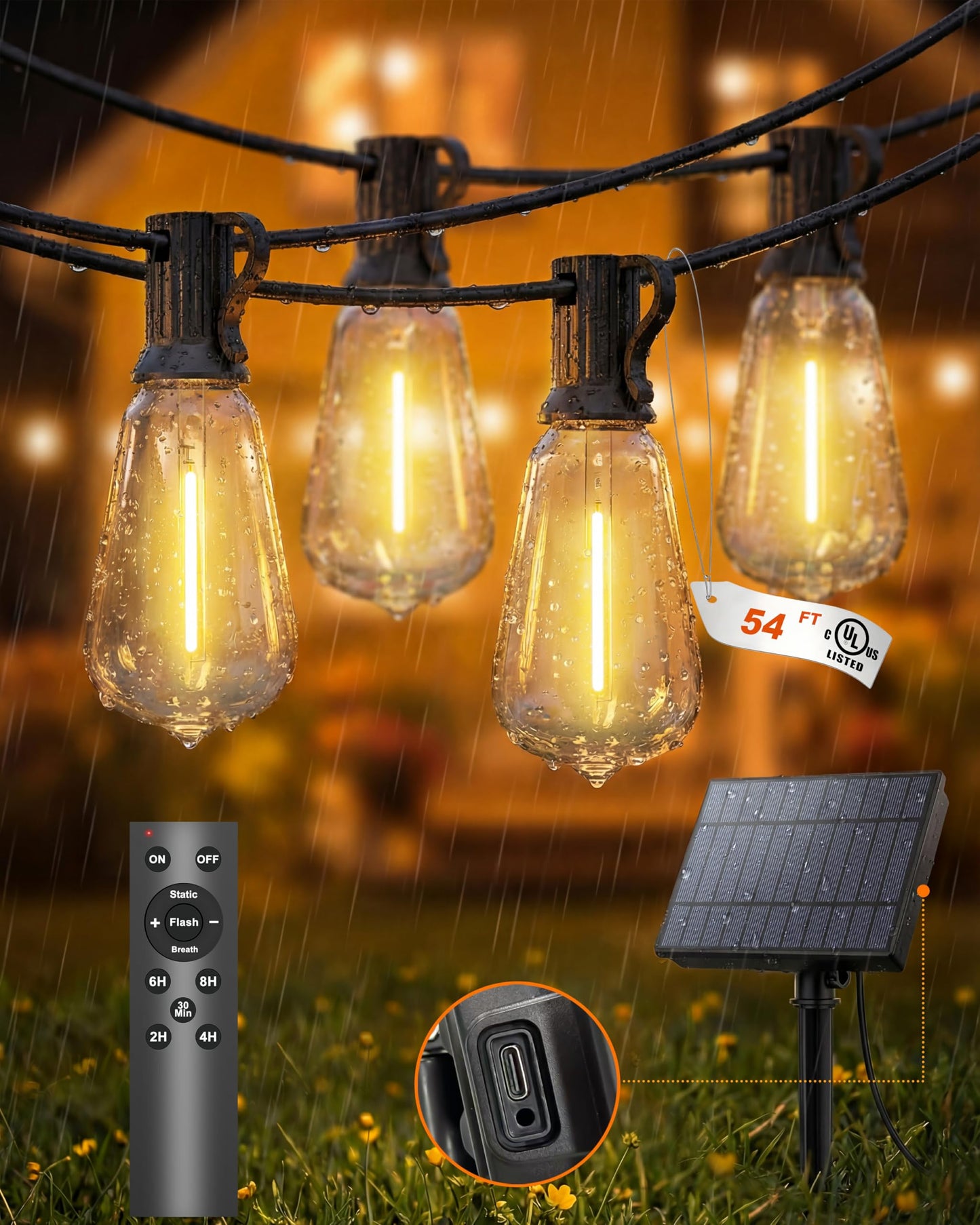 Pesken Solar String Lights Outdoor, Waterproof ST38 LED Patio Lights with Remote & USB Charge, 2700K Dusk to Dawn, Timer & 3 Modes, 54FT Dimmable Solar Powered String Lights for Backyard, Camping