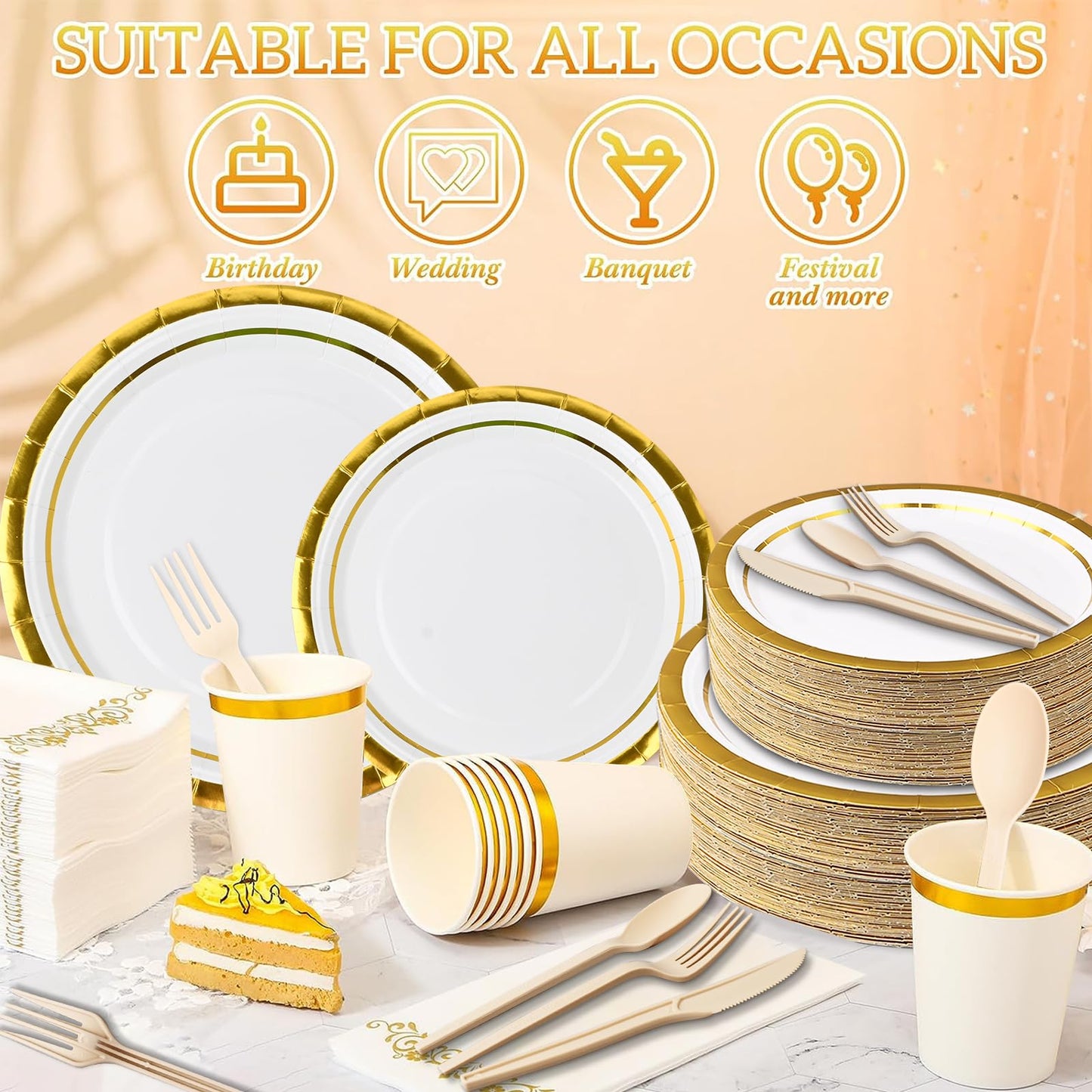 350 Pieces Gold Rim Party Supplies - Disposable Dinnerware Set Include 50 Dinner Plates, 50 Dessert Plates, 50 Cups, 50 Napkins and 50 Cutlery Set for Wedding Baby Shower Engagemen Christmas Party