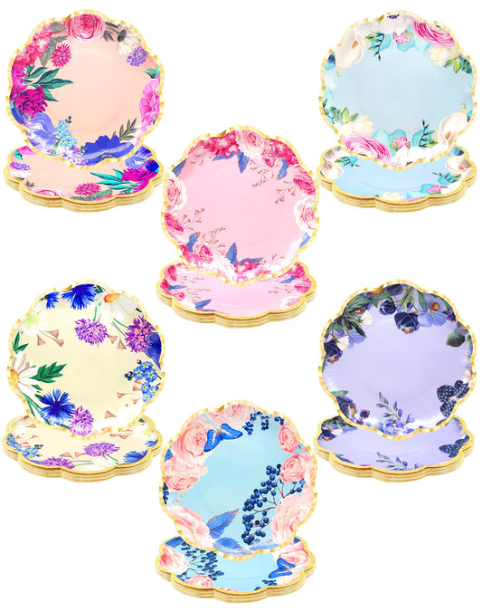 Benvo Floral Plates Disposable 60 Pack Paper Plates 9 Inch Dessert Plates Flower for Tea Party Garden Party Baby Shower Bridal Shower Birthday Wedding Decorations(6 Styles)