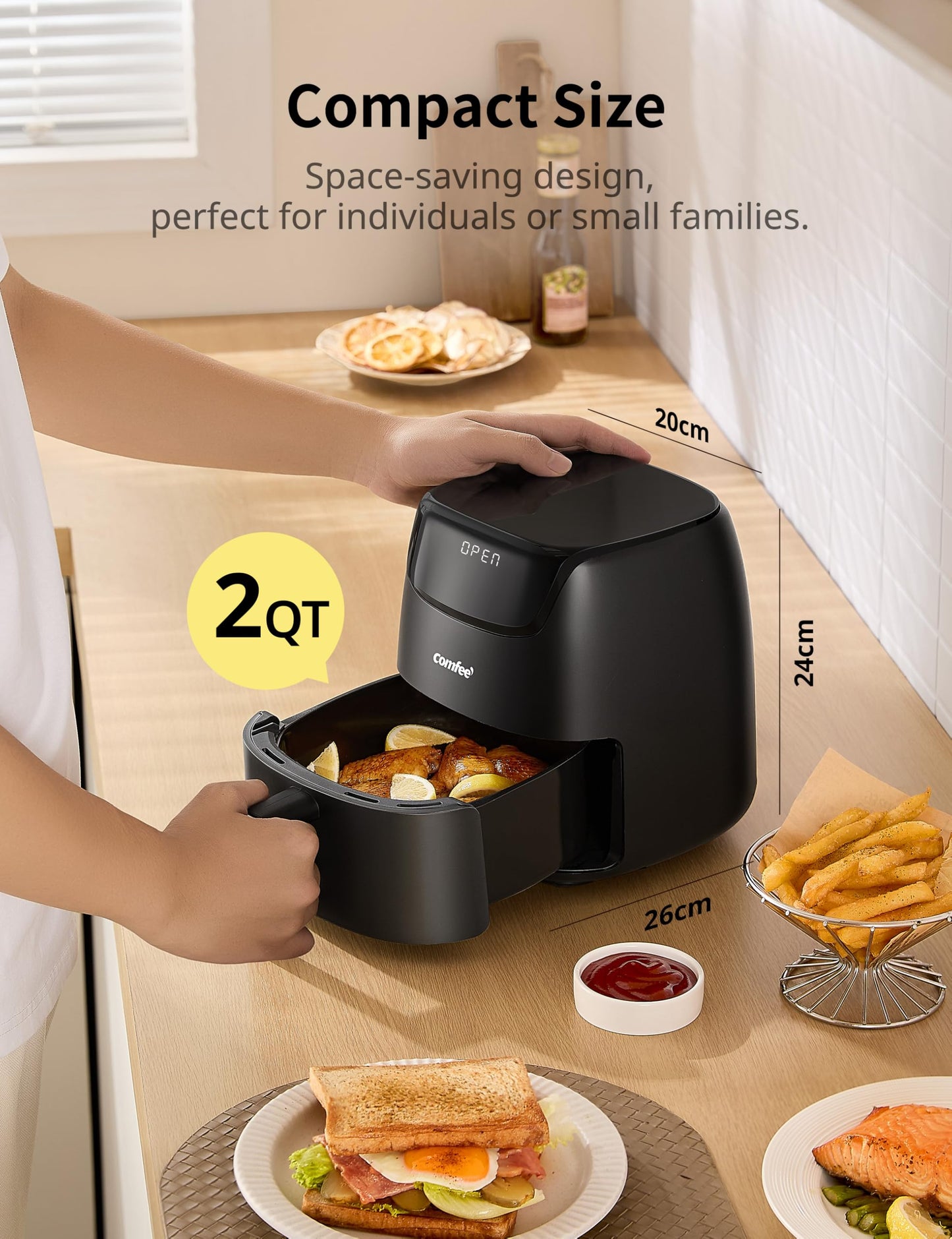 COMFEE' 2.1Quart Compact Digital Air Fryer with Touch Screen, 360-Degrees Hot Air Circulation, Ceramic Basket, and 4 Cooking Presets