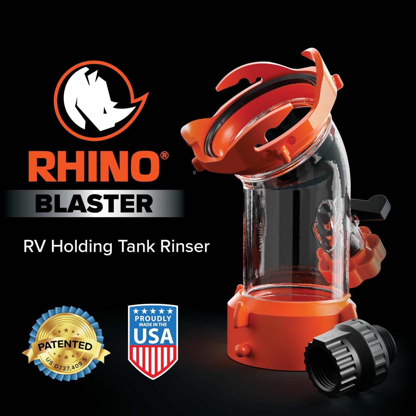 Camco Rhino Blaster — Camper Holding Tank and RV Portable Waste Tank Rinser — Provides Thorough RV Tank Cleaning — Features a Backflow Preventer & 45-Degree Clear Elbow Adapter (39080)