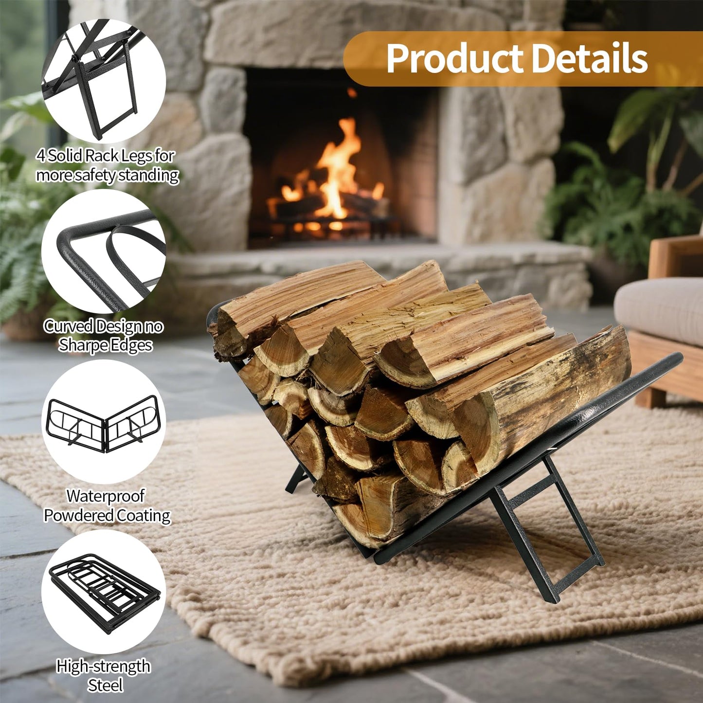 BiggerFire Firewood Rack, Foldable 2FT Firewood Rack Firewood Holder Holder for Fireplace Wood Storage, Log Holder Stand Steel Firewood Stand for Outdoor Indoor Fireplace（Black）