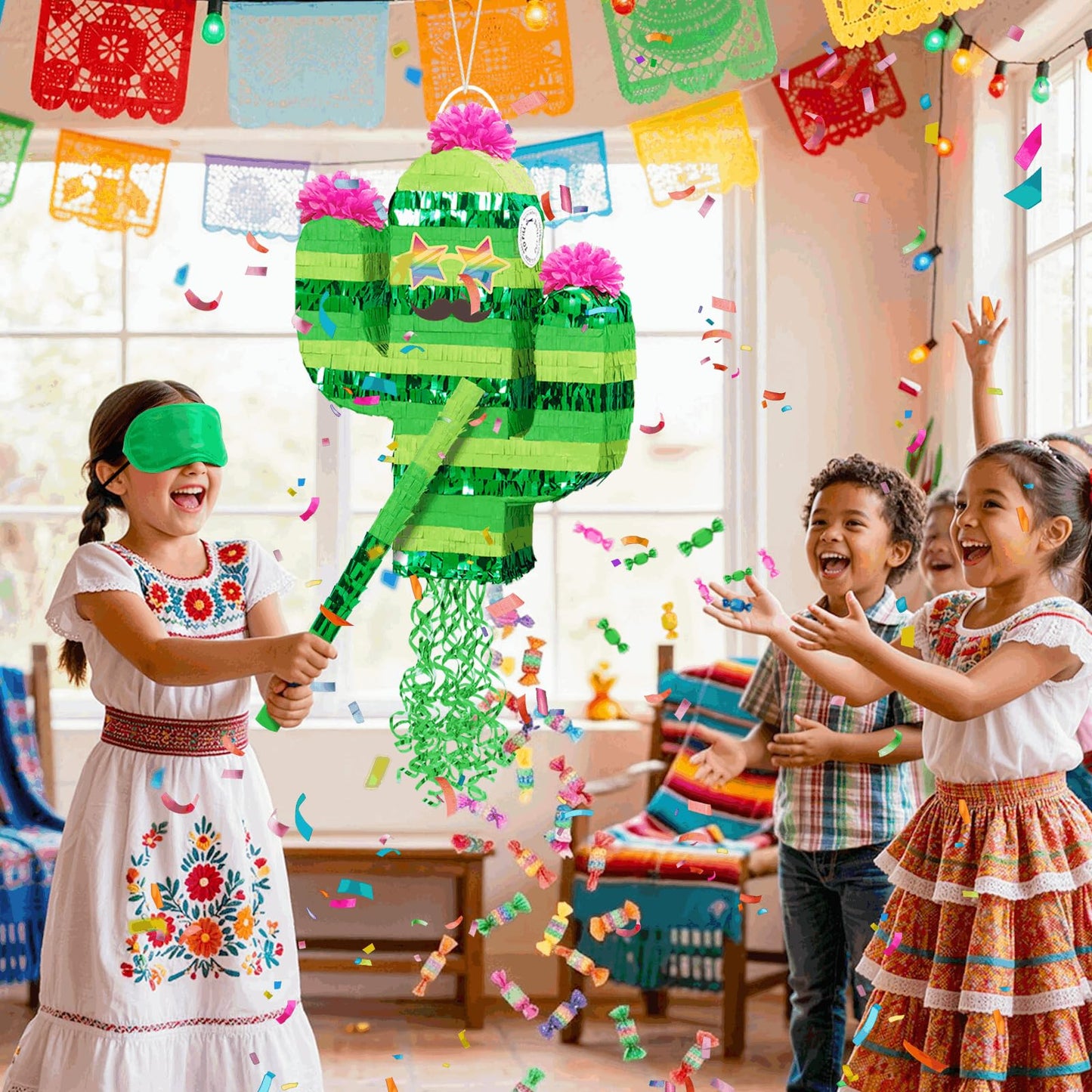 WERNNSAI Cactus Pinata - Mexican Fiesta Party Decorations Tropical Hawaiian Pinata with Stick and Blindfold Cinco de Mayo Supplies Summer Luau Taco Bar Decor Green Cactus Photo Prop