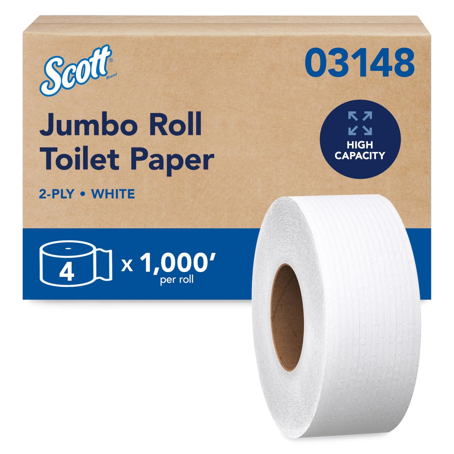 Scott Professional High-Capacity Jumbo Roll Toilet Paper, Bulk (03148), 2-Ply, White, Non-Perforated, Compact for Easy Storage (4 Rolls at 1,000' Each, 4,000'/Case)