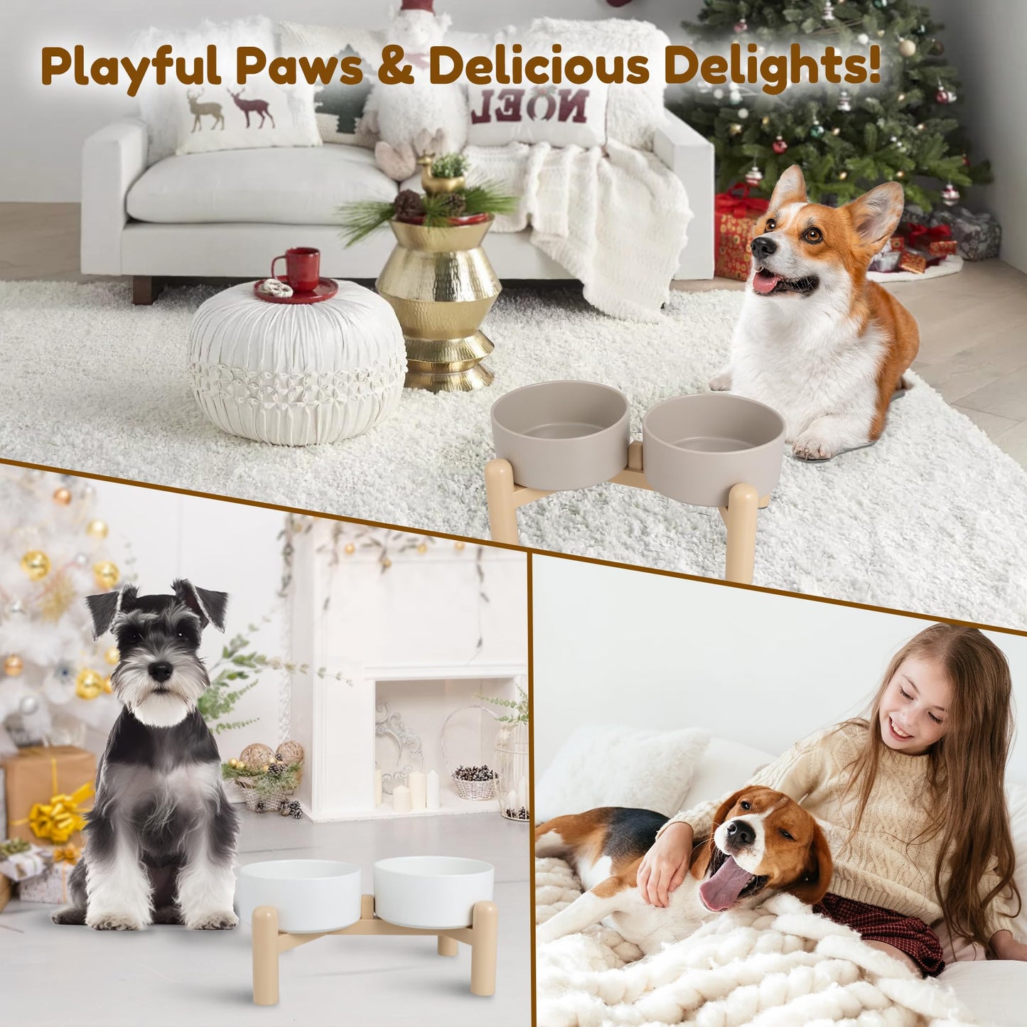 Elevated Ceramic Dog Bowl Set of 2 - Double Dishes with Non-Slip Stand - Raised Food and Water Bowls - Ideal for Small to Medium Dogs - Each Holds 2 Cups (28.75 fl oz) - Grey