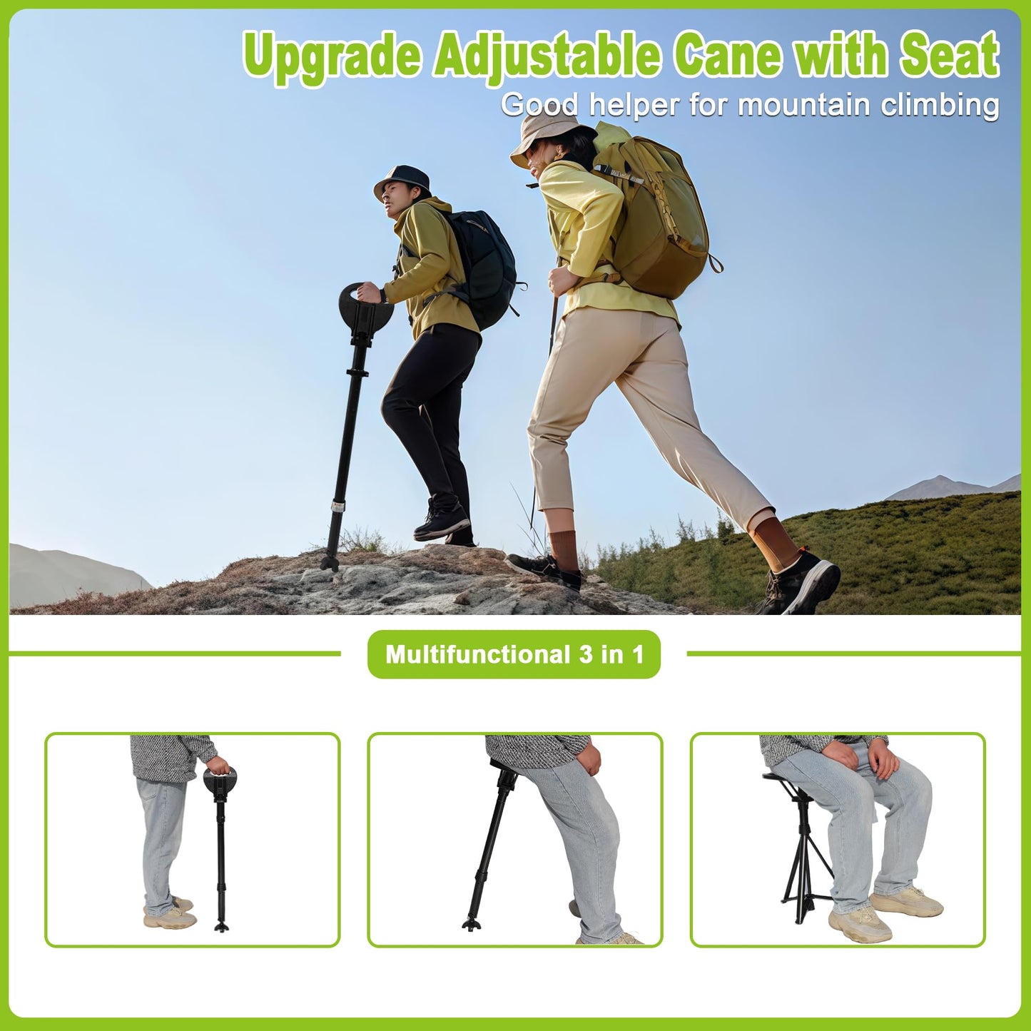ALEVMOOM Upgraded Folding Canes with Seat Max Load 550lbs，Retractable Walking Stick with Seat,Height Adjustment Cane Chair for Adults,Crutches Stool with Carry Bag for Hiking Traveling