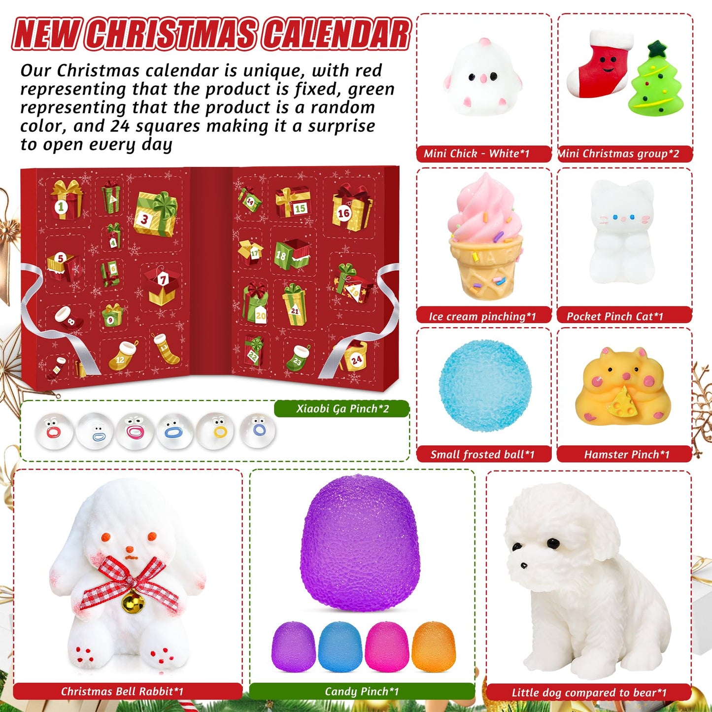 Advent Calendar 2025, 24 Days of Christmas Countdown Calendar for 24 Kawaii Squishies Toys, Surprises Sensory Fidget Toys for Kids & Adult, Christmas Party Favors Gift
