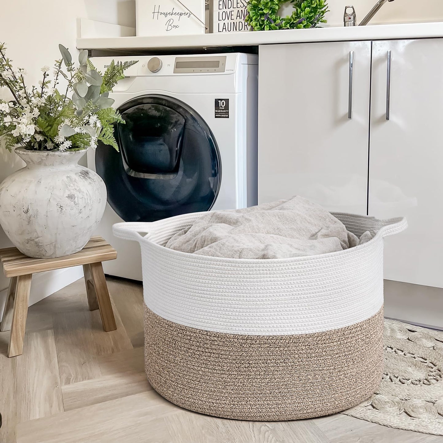 INDRESSME Woven Laundry Basket, 21.7'' x 13.8'' Large Rope Blanket Basket Living Room, Woven Baskets for Dirty Clothes, Pillows, Towel, 90L Light Brown