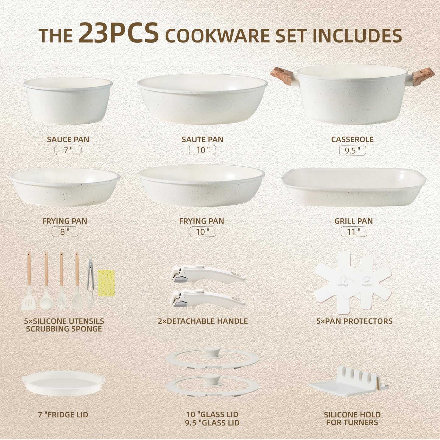 BECIGAR 8pcs Ceramic Pots and Pans Set, Non Stick Cookware Set, Detachable Handle Cookware, Induction Kitchen Cooking Set with Removable Handle,Oven Safe, Induction Fast, Stackable Cookware Set
