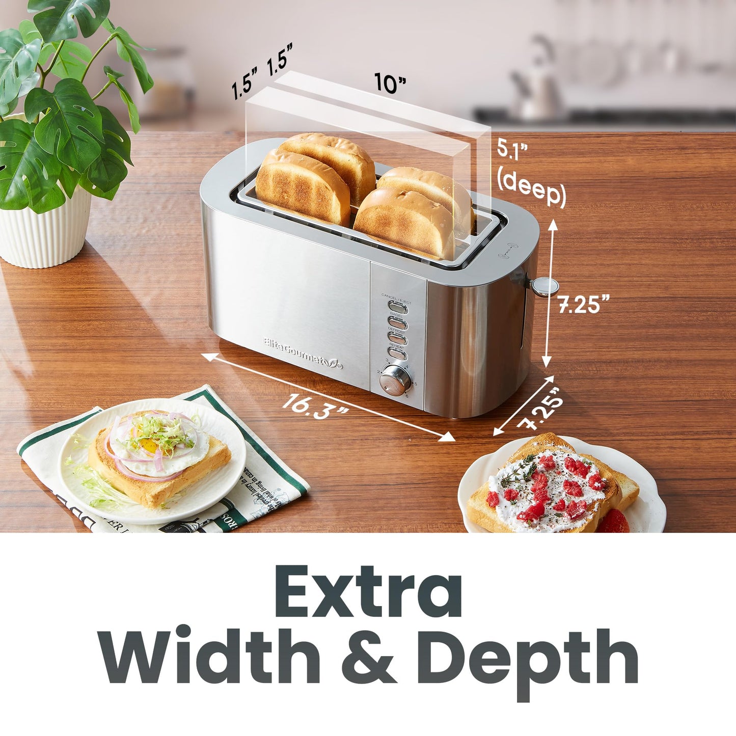 Elite Gourmet ECT4123X Long Slot 4 Slice Toaster, Extra Wide 1.5" and 5.1" Deep Slots, Bagel, Defrost & Cancel Functions, 6 Toast Shade Settings, Fits Bagels, Waffles, Artisan Breads, Stainless Steel