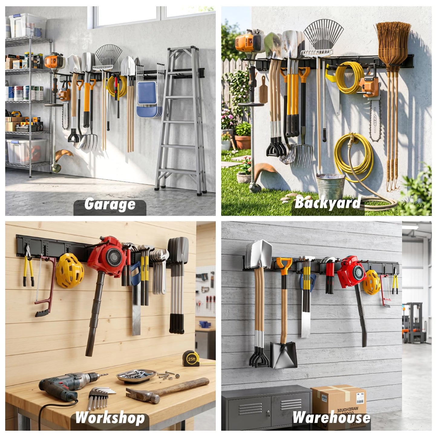 Housolution Heavy Duty Garden Tool Organizer 64 Inch - 18Pack Carries 570 lbs, Garage Tool Organizer Storage System, 4 Rails with 12 Adjustable Hooks, Tool Holder Wall Mount for Warehouse, Workshop