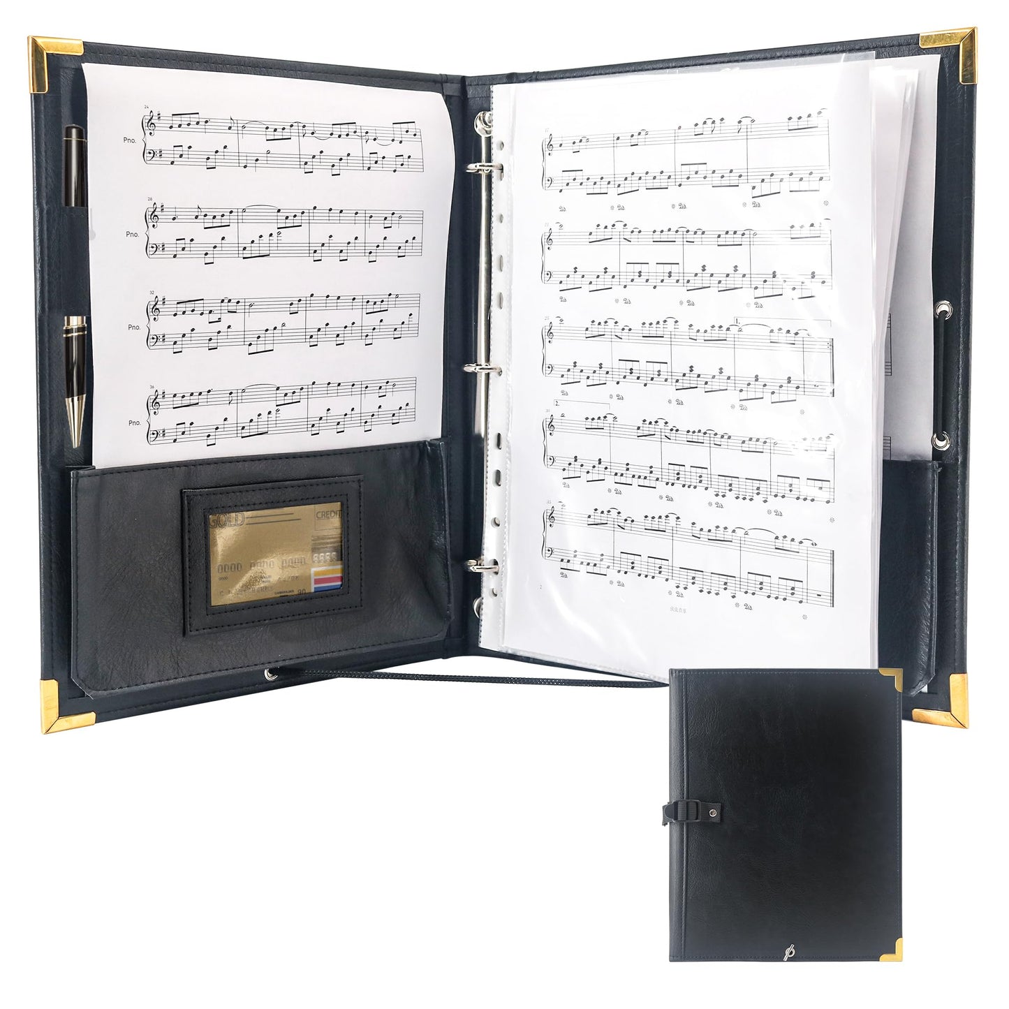 GraduatePro PU Leather Sheet Music Choir Folder Black, 3 Rings Binder 12.5" x 10" Piano Music Binder with Elastic Band,10 Pockets for Sheets 8.5 * 11/A4