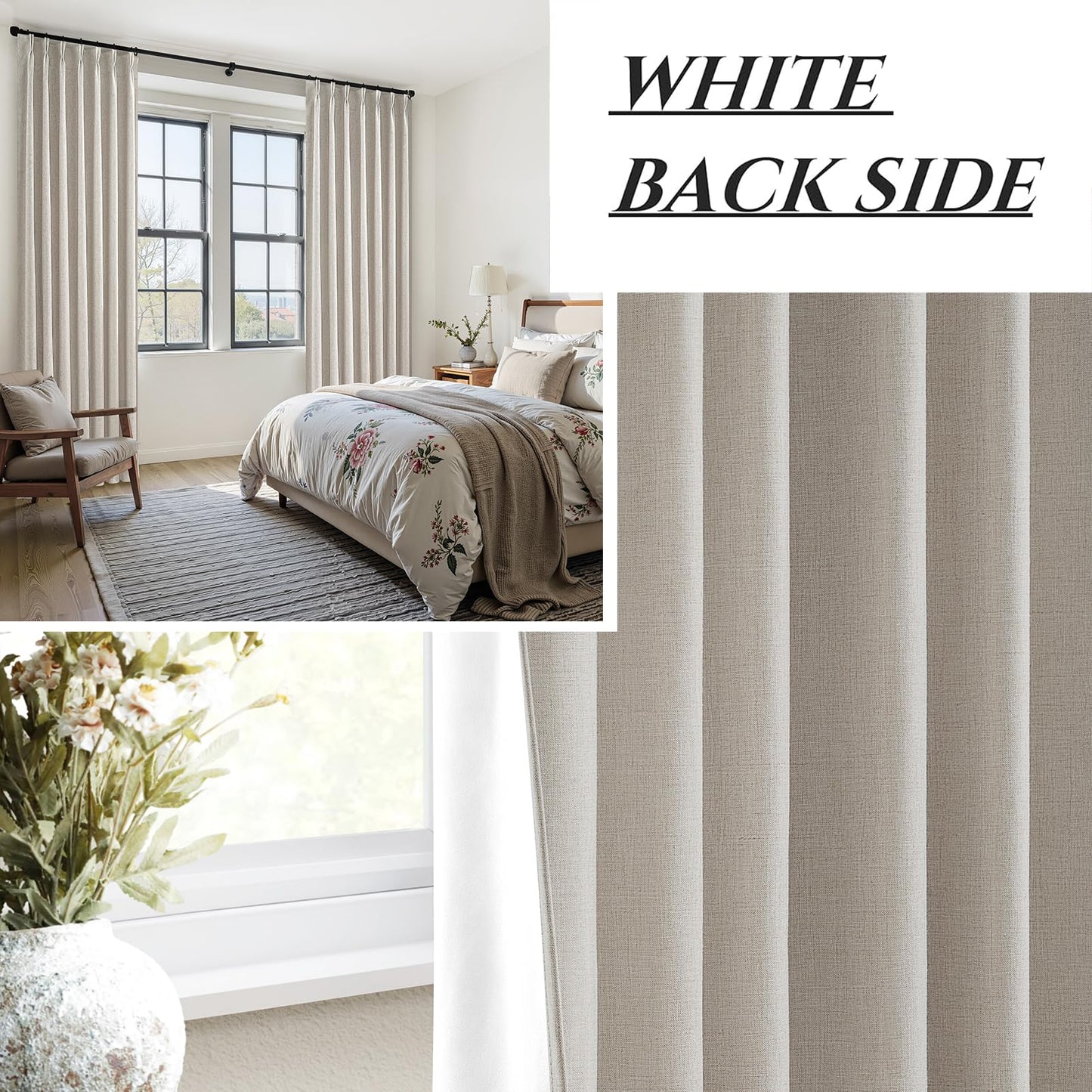 Natural Linen Pinch Pleated Blackout Curtains & Drapes 96 Inch Long Bedroom/Livingroom Farmhouse Curtains 2 Panel Sets, Neutral Track Room Darkening Thermal Insulated 8ft Back Tab Window Curtain