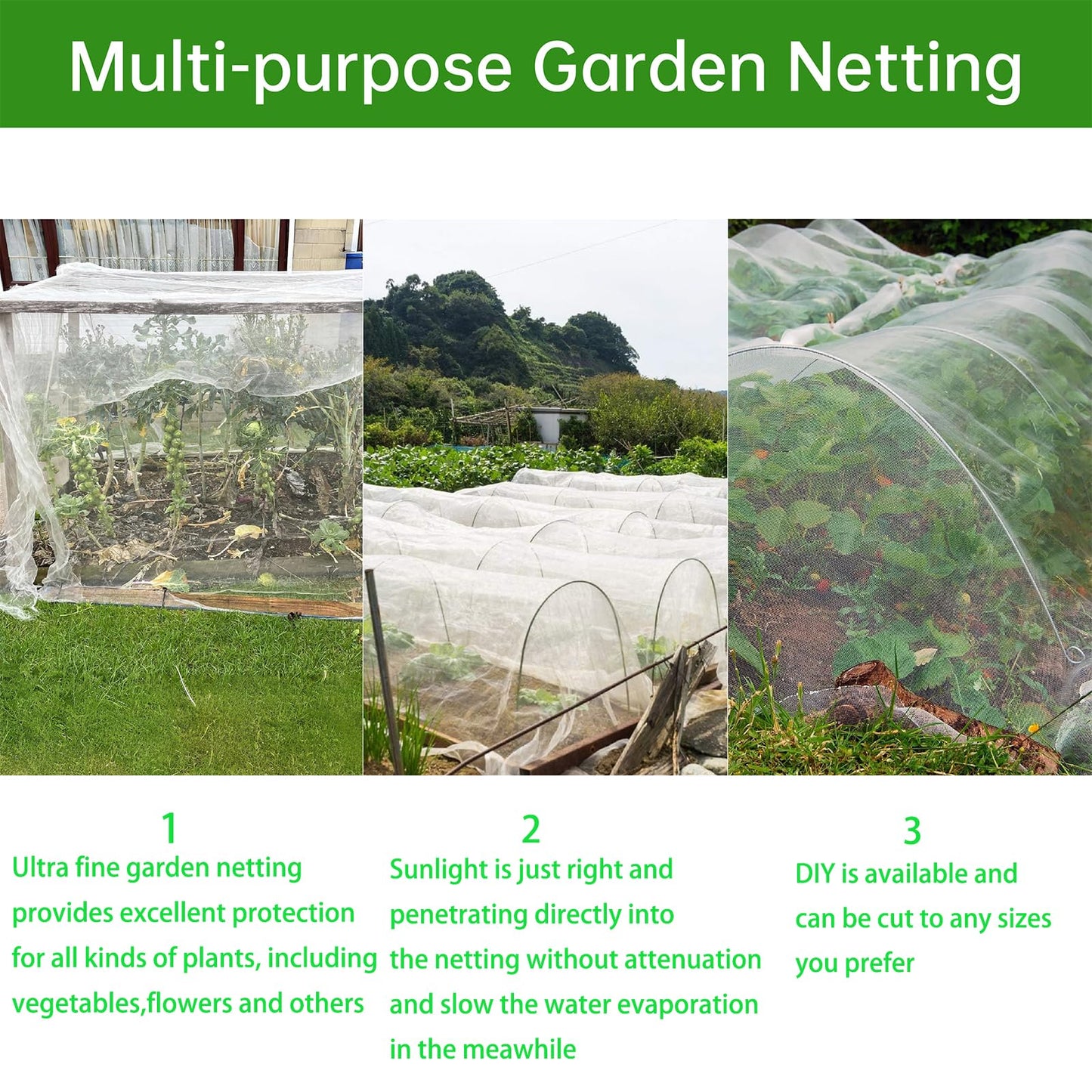 10X50FT Heavy Duty Garden Mesh Netting with Reinforced Double-Layer Edges, 40g/㎡ Ultra Fine Plant Cover for Anti Mosquito and Birds, Insect Mesh Barrier for Vegetables Plants Fruits Flowers (3X15M)