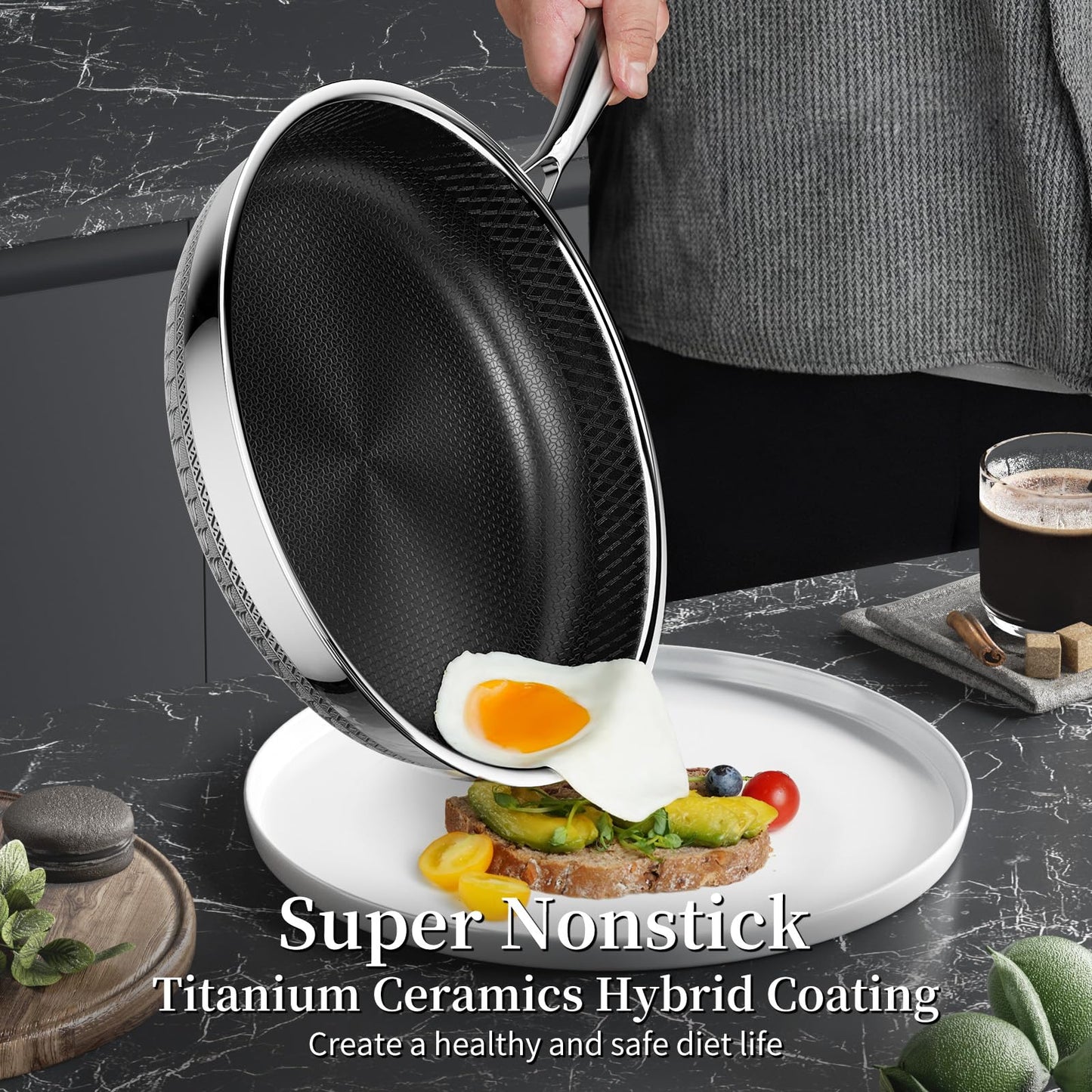 Non Stick Frying Pan with Lid, 10 Inch Hybrid Tri-Ply Stainless Steel Non Stick Skillet W/Lid Titanium Ceramic Nonstick Cookware No Toxic Induction Omelette Frying Pan, Oven Safe, PFAS/PFOA/PTFE Free