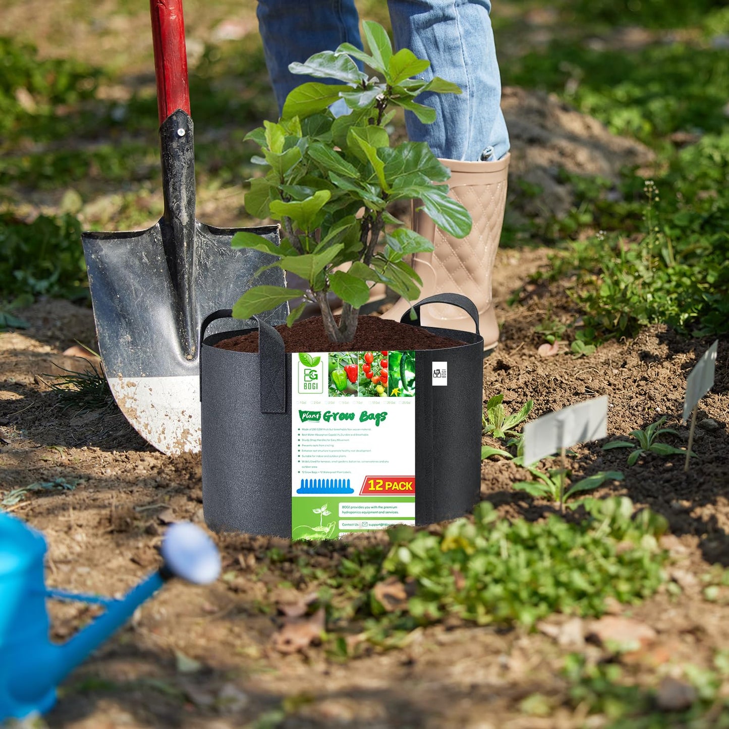 BOGI Grow Bags 12 Pack 10 Gallon Grow Bags Heavy Duty Thickened Nonwoven Grow Bag with Durable Habdles Fabric Pot for Vegetable Flower Potato Garlic Indoor Outdoor Plants + 12 Waterproof Plant Labels