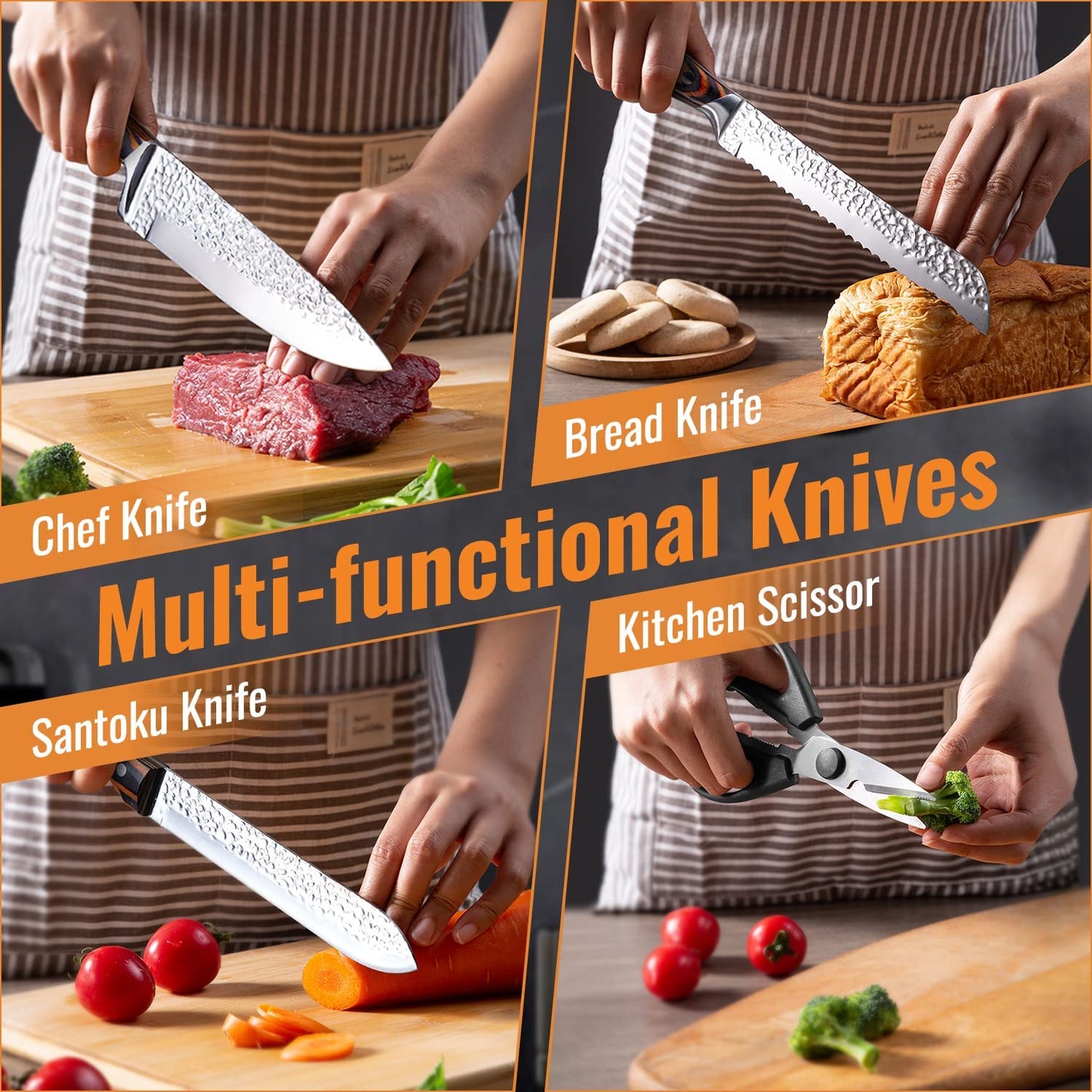 Kitchen Knife Sets with Block, 15-Piece High Carbon Stainless Steel Knife Block Set with Sharpener, Ultra-Sharp Kitchen Knives with Triple Rivet Wood Handle Perfect for Cooking Cut