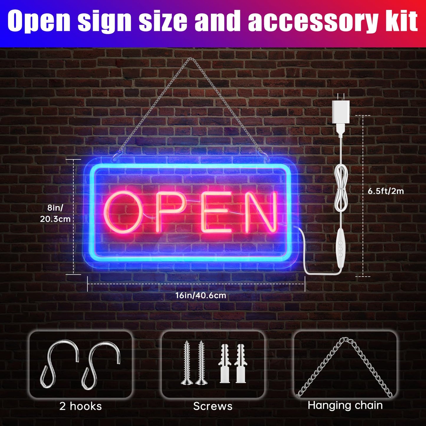 GABROGA 16 x 8inch Open Sign for Business, 10-Level Dimmable LED Neon Light up Open Signs, 5V/2A Open Sign USB Powered with 6.6FT Cord Easy to Hang for Window Bar Cafe Salon Store Front, Blue-Red